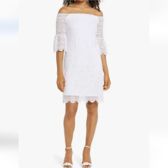Lilly Pulitzer NEW Resort White Lexa Scalloped Shell Lace Off Shoulder Dress L - Picture 10 of 12